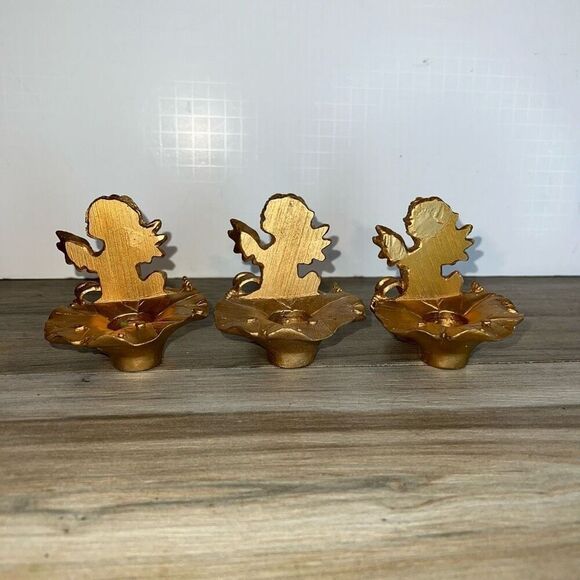 Vintage Ornate Cherub Candle Holder Angels Set 3 Gold Tone Hollywood Regency - Picture 5 of 7